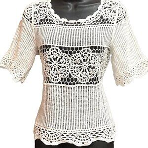 Anthropologie James Coviello Janice Crocheted Scalloped Short Sleeve White Top S